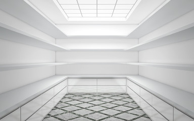 Large bright wardrobe room with empty shelves. 3d rendering