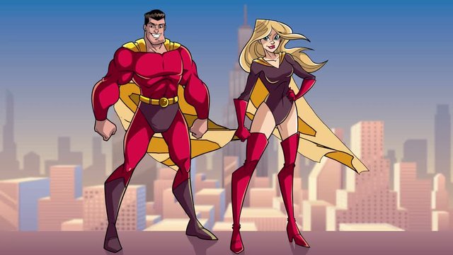 Animation of happy and smiling superhero couple, standing tall on rooftop above the city.