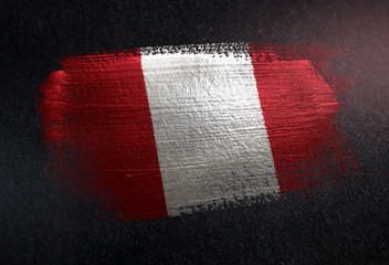 Peru Flag Made of Metallic Brush Paint on Grunge Dark Wall © natanaelginting