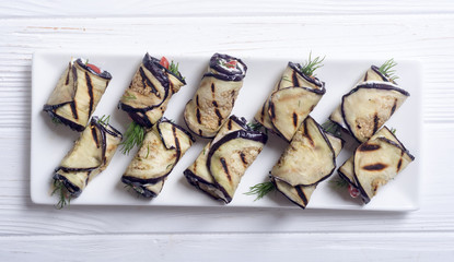 Grilled eggplant (aubergine) rolls with cream cheese