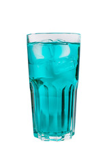 A single-colored transparent cocktail, refreshing shining in a tall blue glass with large square ice cubes. Side view Isolated white background. Drink for the menu restaurant, bar, cafe