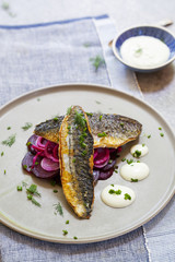 Pan fried mackerel with beetroot and horseradish cream