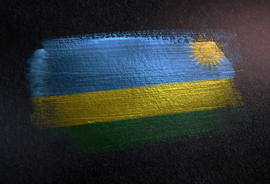 Rwanda Flag Made of Metallic Brush Paint on Grunge Dark Wall