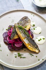 Pan fried mackerel with beetroot and horseradish cream