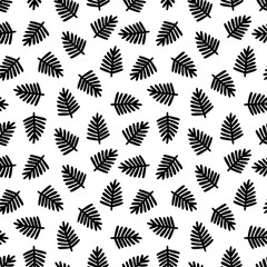 Obraz premium Black Tropical leaves seamless pattern. Print with hand drawn jungle exotic plants. Vector wallpaper on white background