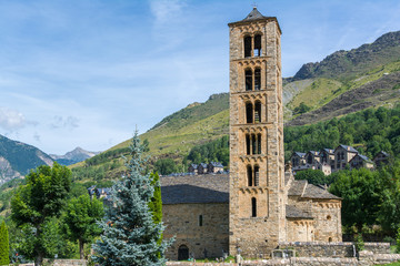 Fototapeta na wymiar Belfry and church of Sant Climent de Taull, Catalonia, Spain. Catalan Romanesque Churches of the Vall de Boi are declared a UNESCO World Heritage Site Ref 988