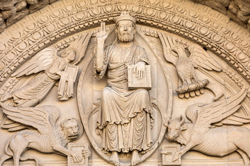 Details of the west portal  Saint Trophime Cathedral in Arles, France. Bouches-du-Rhone,  France