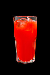 Single-colored, red cocktail in a glass with ice from grapefruit, tomato, strawberry. Side view. Isolated black background. Drink for the menu restaurant, bar, cafe