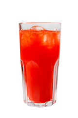 Single-colored, red cocktail in a glass with ice from grapefruit, tomato, strawberry. Isolated white background. Side view. Drink for the menu restaurant, bar, cafe