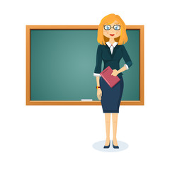 Beautiful girl teacher, businesswoman with document near educational wooden blackboard.