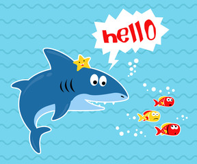 Vector illustration of big shark cartoon with little fishes.