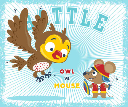 Animals cartoon battle, owl versus rat. Vector cartoon illustration
