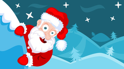 Illustration of a winter landscape with Santa peeking out of a snowdrift