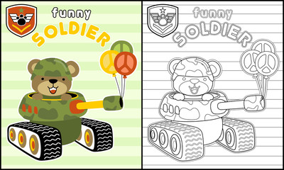 Coloring book vector with animal cartoon on armored vehicle