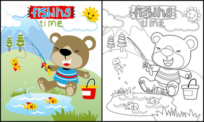 Coloring book vector with animal cartoon fishing