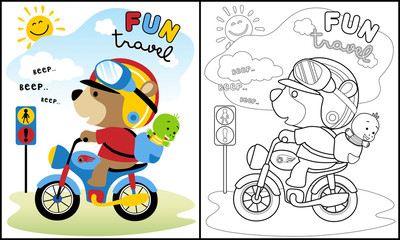 Coloring book vector with cute animals on motorbike