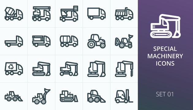 Heavy construction equipment and special machinery icon set. Set of truck, tractor, backhoe, excavator, crawler and wheel loaders, crane, dumper, bulldozer, forklift, van isolated vector icons