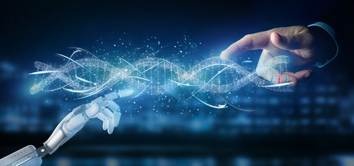Cyborg hand holding a DNA branch 3d rendering - Powered by Adobe