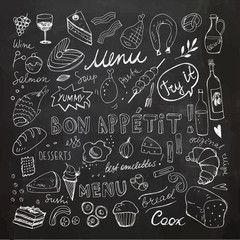 Restaurant Doodle Set. Hand Drawn Vector Illustration. Chalk Drawing. Bon Appetit Food Collection 