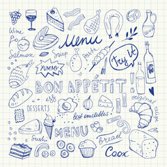 Restaurant Doodle Set. Hand Drawn Vector Illustration. Pen Drawing. Bon Appetit Food Collection 
