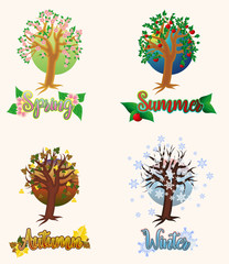 Four seasons greeting cards, vector illustration
