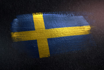 Sweden Flag Made of Metallic Brush Paint on Grunge Dark Wall