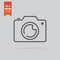 Camera icon in flat style isolated on grey background.