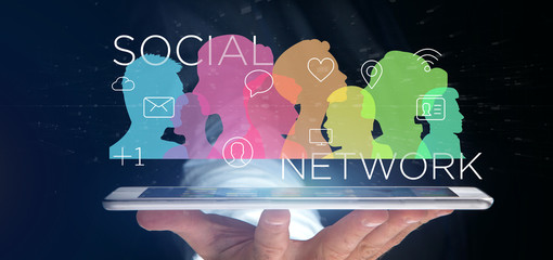 Businessman holding a colorfull social network teamwork with icon 3d rendering