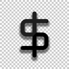 simple dollar symbol. Black glass icon with soft shadow on trans