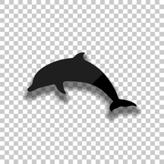 silhouette of dolphin. Black glass icon with soft shadow on tran