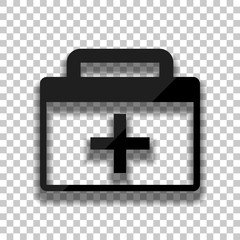 first-aid kit, simple icon. Black glass icon with soft shadow on