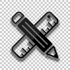 simple symbol of ruler and pencil, criss-cross. Black glass icon