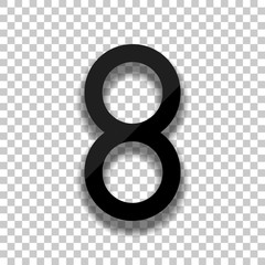 Number eight, numeral, simple letter. Black glass icon with soft