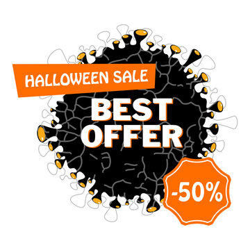 Badge for Halloween sale. Discount tag and label. Playful reward for Halloween party. Flat vector cartoon illustration. Objects isolated on white background.