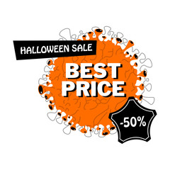 Badge for Halloween sale. Discount tag and label. Playful reward for Halloween party. Flat vector cartoon illustration. Objects isolated on white background.