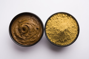 Henna / Mehandi powder and paste. Prepared for Hair colouring or for tattoo on hand in Indian...