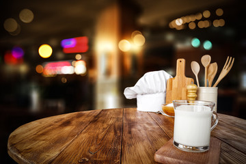 Wooden desk of free space for your decoration and cook hat. 