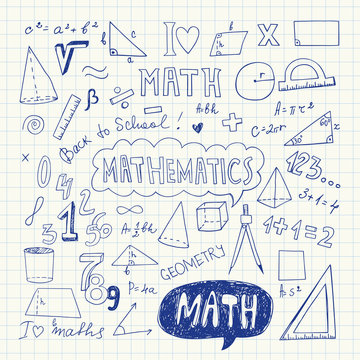 Hand Drawn Mathematical Doodle Handwriting Elements. School Education Background. Vector Illustration. Pen Drawing.