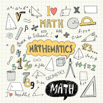 Hand Drawn Mathematical Doodle Handwriting Elements. School Education Background. Vector Illustration. Pencil Drawing.