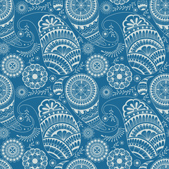 Blue and white seamless pattern with floral element henna style. Textile, background, wrapper, packing.