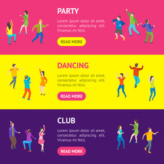 Isometric Dancing People Characters Banner Horizontal Set. Vector