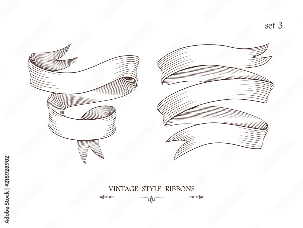 Wall mural set of vintage two-stripe and three-stripe ribbons. engraving style vector illustration. retro hand 