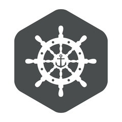 Icono plano ancla en espacio negativo en timon en hexagono gris