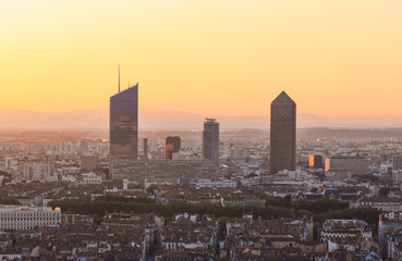 The skyline of the business center in the French city of Lyon during a summer sunrise.