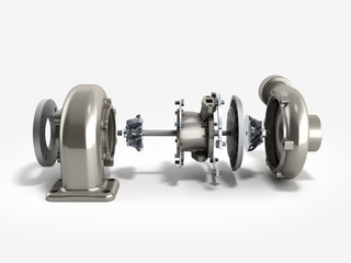 Automotive turbocharger turbine 3d render on white - obrazy, fototapety, plakaty