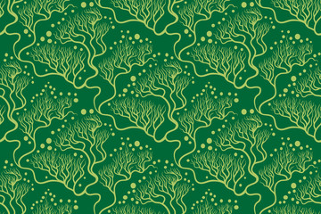 Seamless vector Japanese style tree pattern. Green and yellow color tones. Hand drawing