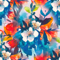 watercolour floral Seamless pattern, delicate flowers, yellow, blue and pink flowers