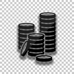 Coin stack icon. Black glass icon with soft shadow on transparen