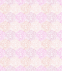Geometric repeating vector ornament with hexagonal dotted colored elements. Geometric modern ornament. Seamless abstract modern pattern