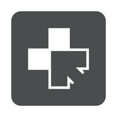 Icono plano cruz sanidad con flecha en cuadrado gris